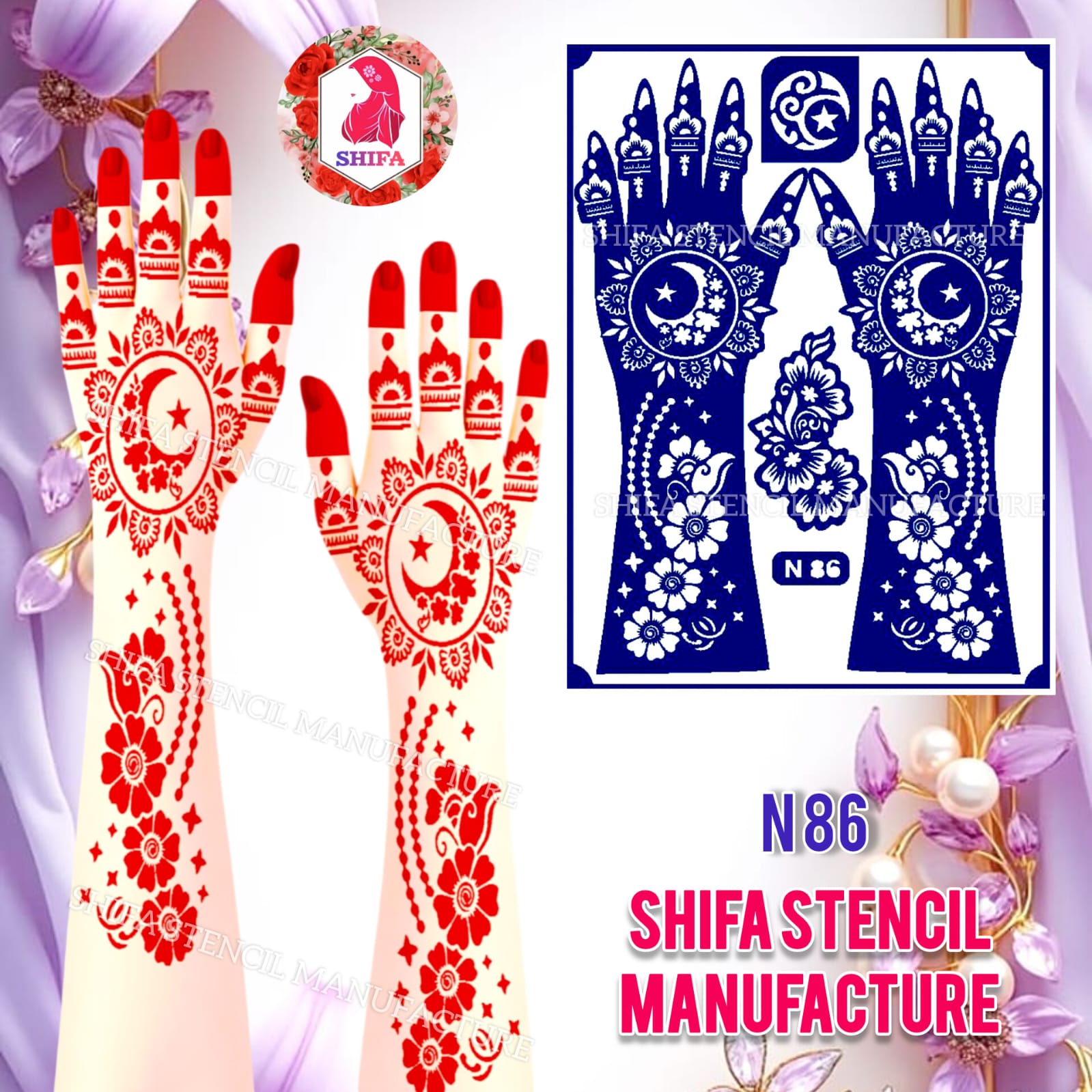 N 86 Divine Crescent Vines Sticker Overview Henna Stencil - Shifa Stencil